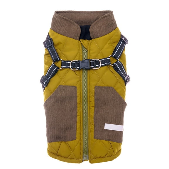 Army Green Winter Dog Vest with Harness Size M, Quilted Warm Coat, Adjustable Straps and Zipper Design for Small Medium Dogs, Soft Cotton Padded Jacket