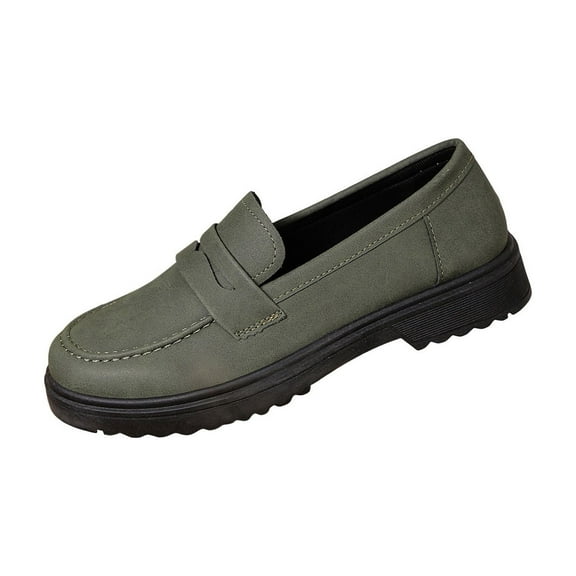 Army Green Women British Inspired Loafers With Frosted Look And Round Toe For Fall Winter Thick Heel And Durable Sole