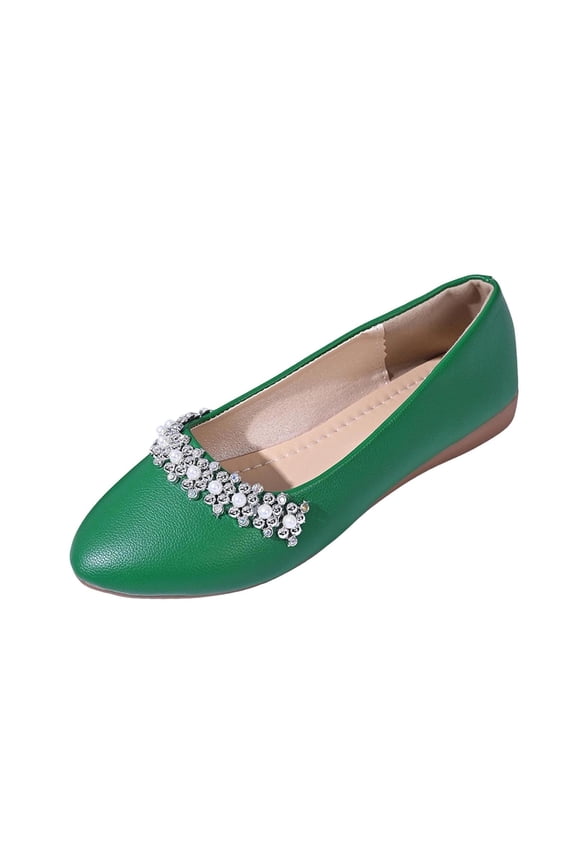 Army Green Women'S Flats Pointed Toe Low Cut With Sparkly Rhinestones And Decorative Strap Soft Flexible Sole Breathable Faux Leather Upper Lightweight For Spring Summer