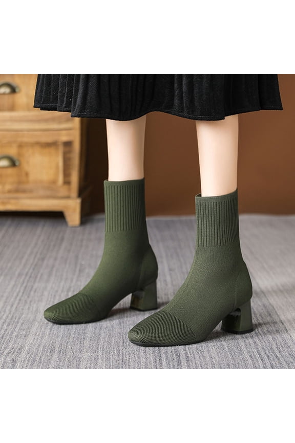 Army Green Women'S Knitted Sock Ankle Boots Pointed Toe Chunky High Heel Elastic Solid Color Fashion Casual Shoes Size 40 Eu Weight 1.17 Lb