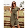 thumbnail image 1 of Army Green Women Summer Short Sleeve Collared Shirt Dress With Self-Tie Belt, 1 of 6