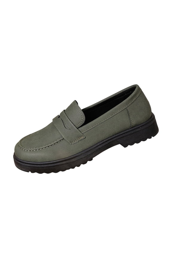 Army Green Women Versatile Loafers With Frosted Appearance And Round Toe For Fall Winter Thick Heel And All Day Comfort