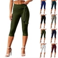 thumbnail image 1 of Women's High Waist Tie Side Capri Pants,Slim Fit Stretch Workout Cropped Leggings ,Army Green,Women's Capri L, 1 of 8