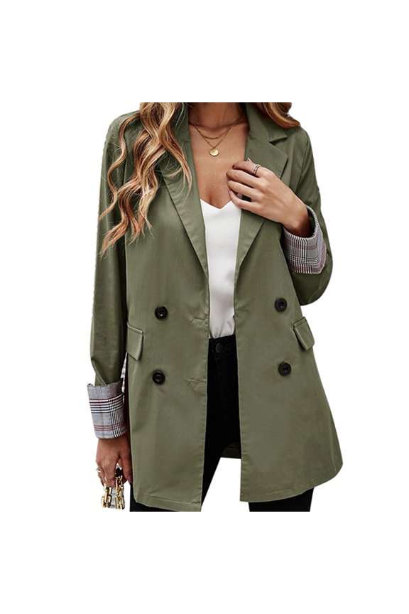 Army Green Women's Long Sleeve Plaid Pocket Jacket with Pure Color Lapel Button and Rolled Cuffs - Size S