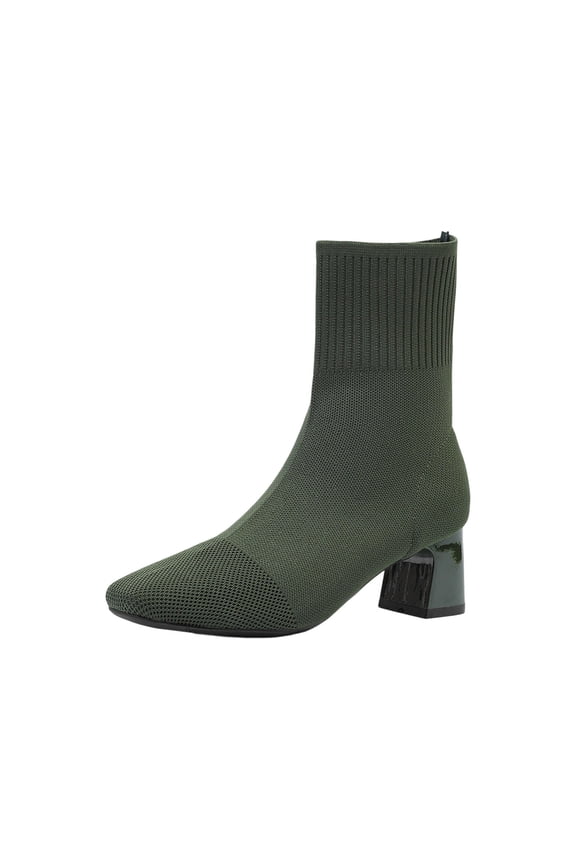 Army Green Womens Ankle Boots Low Heel Pointed Toe Knitted Socks Boots Fashion Casual Solid Color Pull-On Foot Length 9.45 Inches