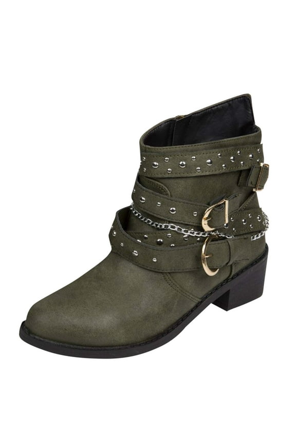 Army Green Womens Casual Fall Boots With Chain Buckle Detail Mid Calf Height Low Heel In Army Green
