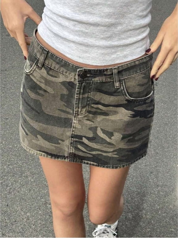 Army Green Womens Casual Mini Denim Skirt Low Rise Zip Fly Camouflage Print Streetwear Jean Skirt