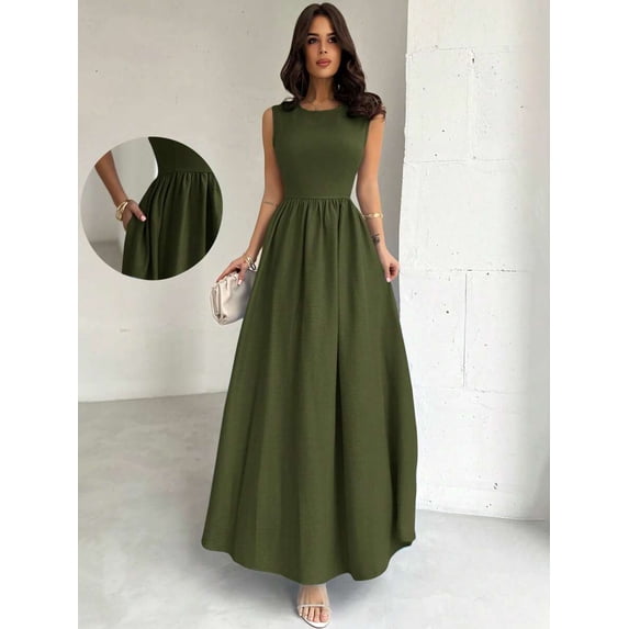 Army Green Womens Sleeveless A-Line Maxi Dress, Fitted Waist, Elegant Formal Gown For Events