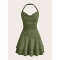 thumbnail image 1 of Army Green Womens Slim Fit Ruched Halter Mini Dress With Tiered Skirt, 1 of 4
