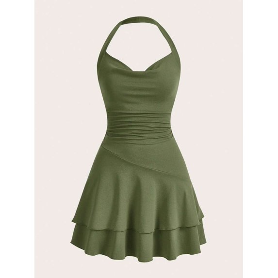 Army Green Womens Slim Fit Ruched Halter Mini Dress With Tiered Skirt