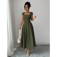 Army Green Womens Square Neck Cinched Waist A-Line Midi Dress For ...