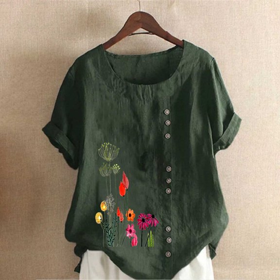 Army Green XXXL WIZUTIZ Womens Blouse Holiday Saving Comfy Retro Plus Size Tshirt Ladies Holiday Beach Round Neck Blouse Breathable Solid Casual Shirts Cozy Style Summer-Beach Tee Fluffy Short Sleeve