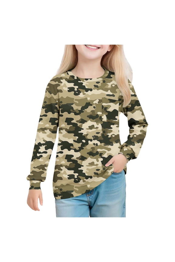 Army Lime Green Boy Girl Kids Girl Boy Camo Army Fatigue Tops Graphic Blouses for Child Long Sleeve Crew Neck Spandex Fall Summer Shirts 2025 Clothing Country Concert Y2K 13 Years