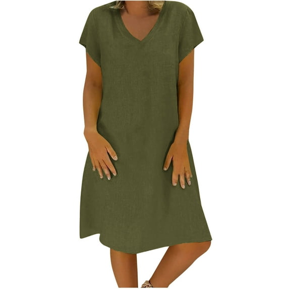 Army Lime Green Womens Vneck Faux Gauze Linen Dress Lounge Dress for Women Short Sleeve Loose Fit Basic Midi Knee Length Fall Summer Dress 2025 Clothes Trendy Y2K XL