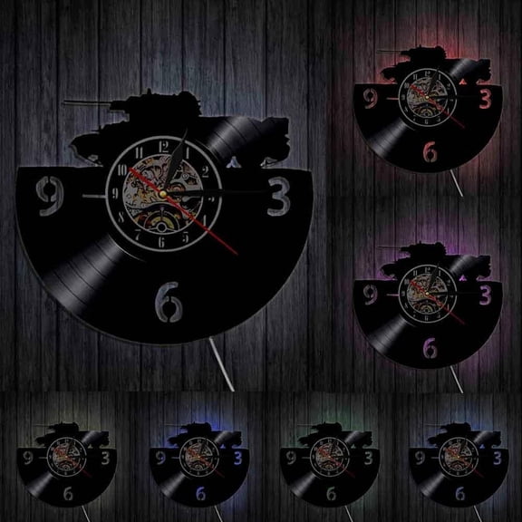 Army Main Battle Tank Wall Art Wall Clock Military Tank Vinyl Record Wall Clock Armored Ground Warfare Home Decor Soldiers Gift With LED