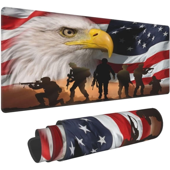 Army Military Veteran American Flag North American Bald Eagle Freedom Sunset Sky Gaming Keyboard Mouse Pad Mousepad Desk Mat Huge Extended XL Stitched Edge Rubber Sole for Home Office(31.5"X 11.8")