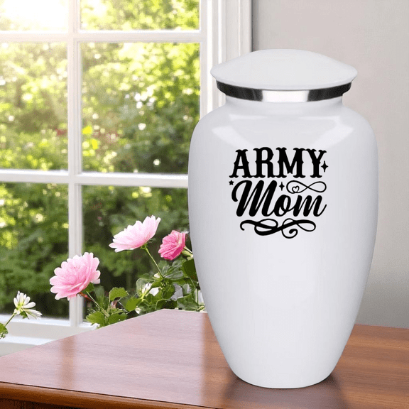Army Mom Cremation Urn for Human Ashes  Large White Metal Adult Funeral Urn, Military Mother Memorial Keepsake Urn for Women, 10" x 6.5", 200 Cu In Capacity, Includes Black Velvet Bag