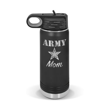 Army Mom Water Bottle 20 oz - Laser Engraved w/ Flip Top Removable Straw - Polar Camel - Stainless - Vacuum Insulated - Drinkware - millitary pride support - Black