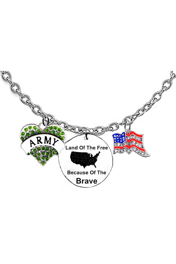 Army, Olive Green Austrian Crystal Heart,Land Of The Free,Because Of The Brave,Genuine Austrian Crystal American Flag,On A Adjustable Silvertone Cable Chain Necklace,What A Wonderful Gift For Yourself