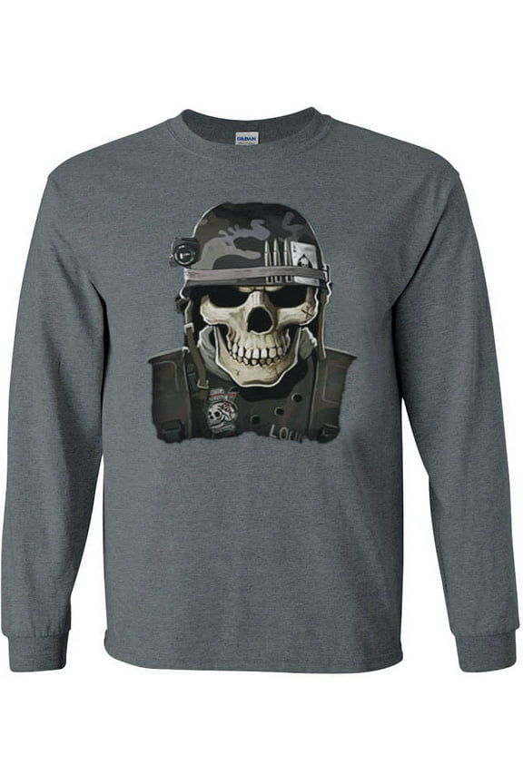 Army Skull T-shirt Men's Long Sleeve Tee Gray