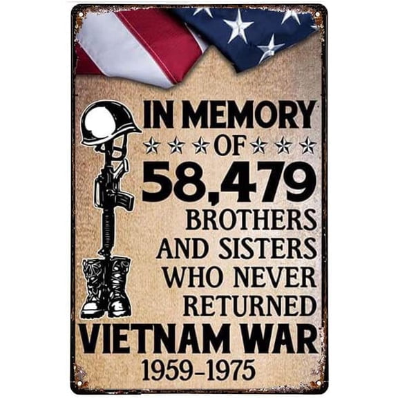 Army Soldier Vietnam War Memorial Metal Wall Poster, In Memory Of 58,479 Brothers And Sisters, Man Cave Office Home Coffee Bar Decor, 12 x 8 Inch