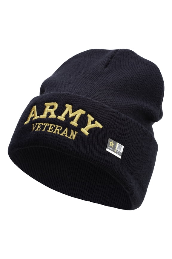 Army Veteran Letters Embroidered 12 Inch Long Knitted Beanie - Navy OSFM