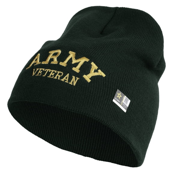 Army Veteran Letters Embroidered 8 Inch Knitted Short Beanie - DK Green OSFM