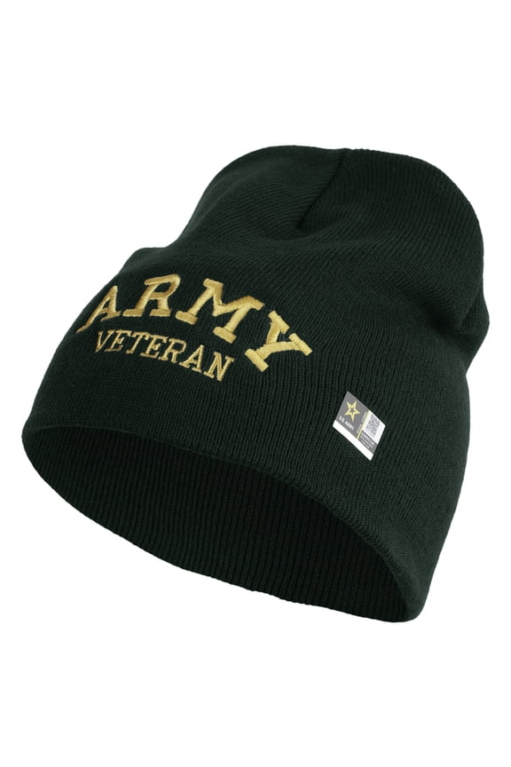 Army Veteran Letters Embroidered 8 Inch Knitted Short Beanie - DK Green OSFM