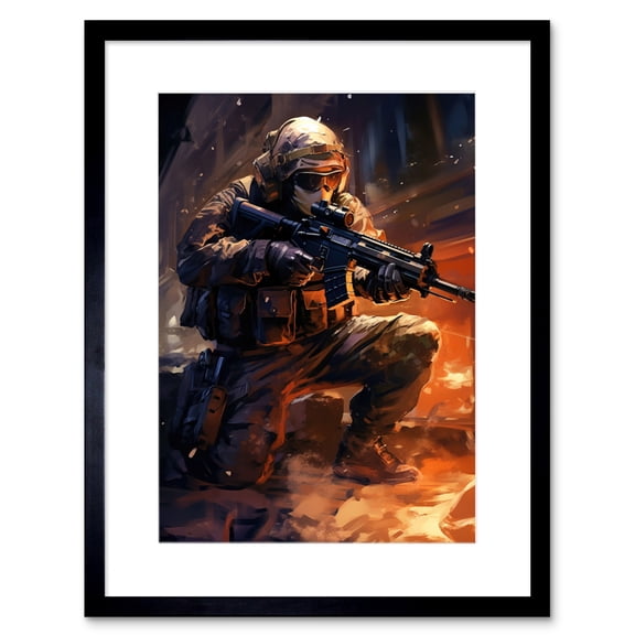 Army Warfare Desert Sniper Explosion Flames Oil Painting Soldier Action Scene Artwork Framed Wall Art Print 9X7 Inch