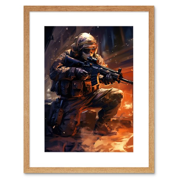 Army Warfare Desert Sniper Explosion Flames Oil Painting Soldier Action Scene Artwork Framed Wall Art Print 9X7 Inch