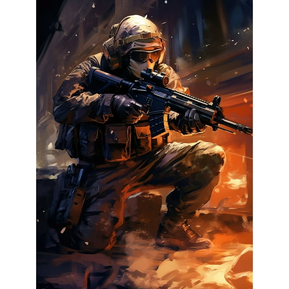 Army Warfare Desert Sniper Explosion Flames Oil Painting Soldier Action Scene Extra Large XL Wall Art Poster Print