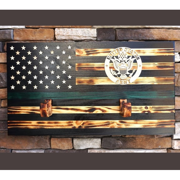 Army Wooden Rustic American Flag with Gun Rack Handmade 36'' x 19.5'' Made in the US