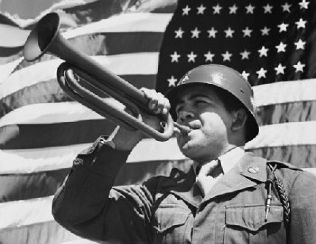 Army soldier blowing a bugle in front of an American flag Canvas Art - (18 x 24)