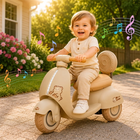 Arnahaishe 12V Electric Car Ride On Scooter Toy with Parents Control, Bluetooth and LED Light, Gift For Aged 1-3, Beige