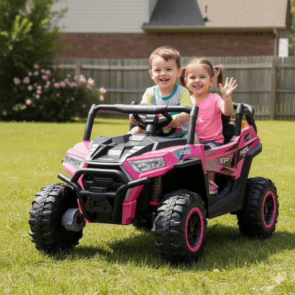 Arnahaishe 24V 2-Seater 4WD Ride On UTV Toys with Parents Control, Four-wheel Suspension, LED, Bluetooth and Power Display, Battery Powered Electric Vehicle Gift for Kids, Pink