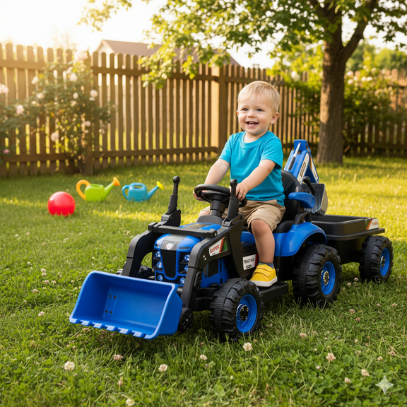 Arnahaishe 24V 4-in-1 Ride On Tractor Toys with Parents Control, 3-Speed Adjustable, LED, Music, Battery Powered Electric Excavator Gift for Kids, Blue