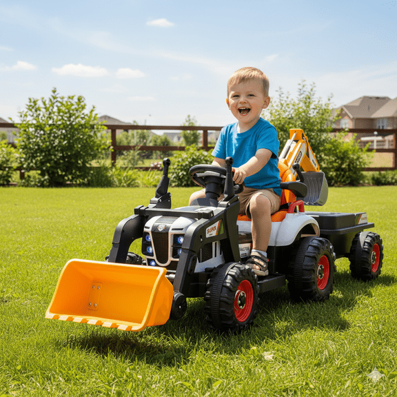 Arnahaishe 24V 4-in-1 Ride On Tractor Toys with Parents Control, 3-Speed Adjustable, LED, Music, Battery Powered Electric Excavator Gift for Kids, Orange