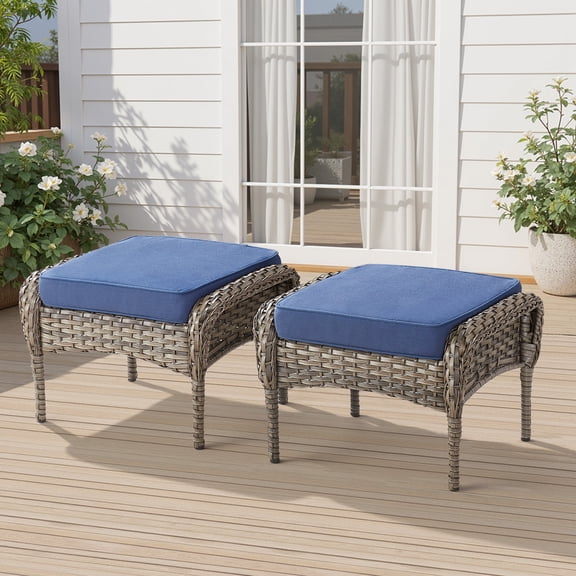 Arnahaishe Outdoor Ottoman Set of 2, All-Weather Wicker Patio Rattan Seat Foot Rest with Removable Cushions, Blue