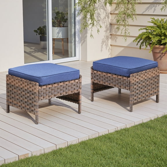 Arnahaishe Outdoor Ottoman Set of 2, All-Weather Wicker Patio Rattan Seat Foot Rest with Removable Cushions, Blue