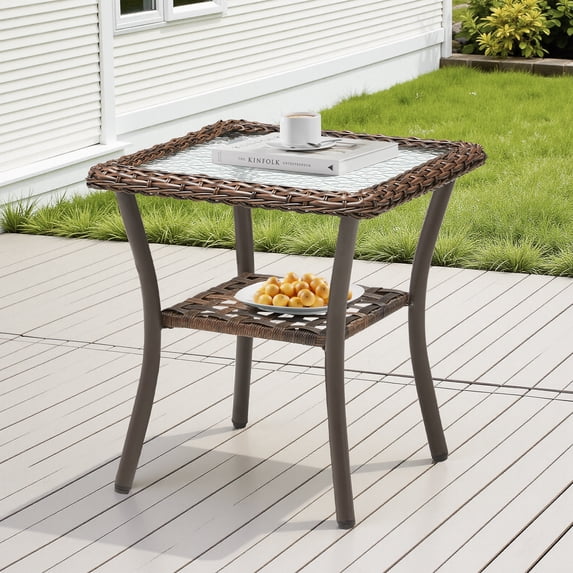 Arnahaishe Outdoor Wicker Side Table All Weather Rattan Patio End Table for Pool Balcony Deck Porch