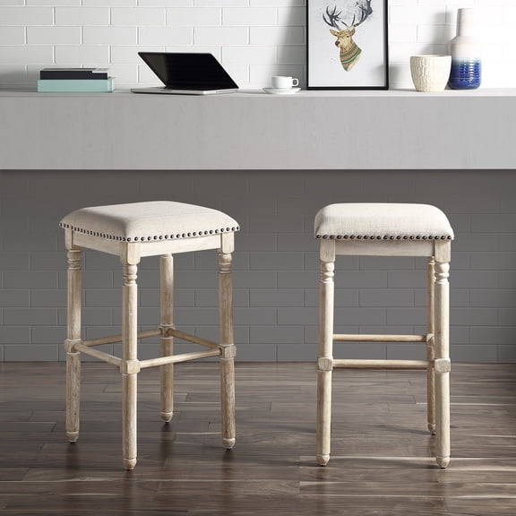 Arnhem Wood Upholstered Stools, Set of 2, Tan - Wood Tan - Rustic chic style barstools - Cozy corner