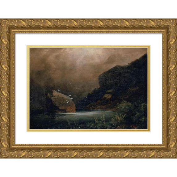 Arnold Böcklin 14x11 Gold Ornate Wood Frame and Double Matted Museum Art Print Titled - Mountain Lake with Seagulls (1847)