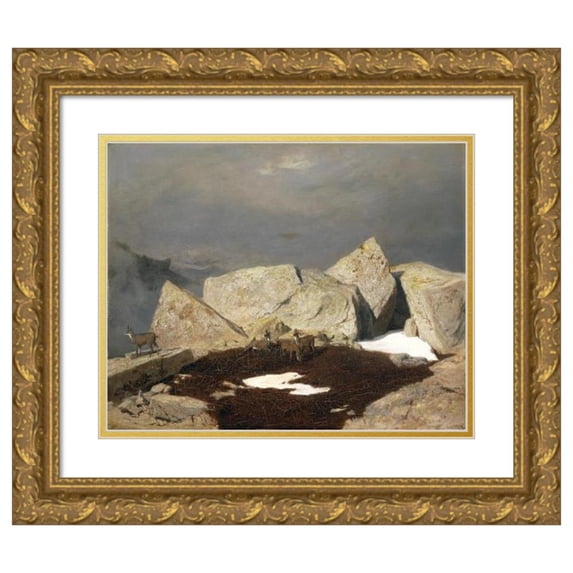 Arnold Böcklin 14x12 Gold Ornate Wood Frame and Double Matted Museum Art Print Titled - High Mountain Landscape with Chamois (Around 1849)