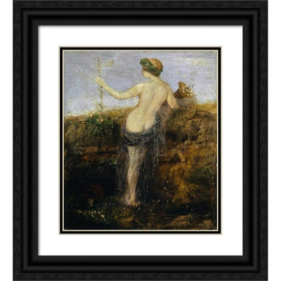 Arnold Böcklin 20x23 Black Ornate Framed Double Matted Museum Art Print Titled: Nymphe with Horn of Plenty (1866)