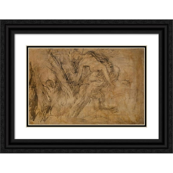 Arnold Böcklin 24x17 Black Ornate Framed Double Matted Museum Art Print Titled: Study for ‘Nymph on the Shoulders of Pan’ (1874)