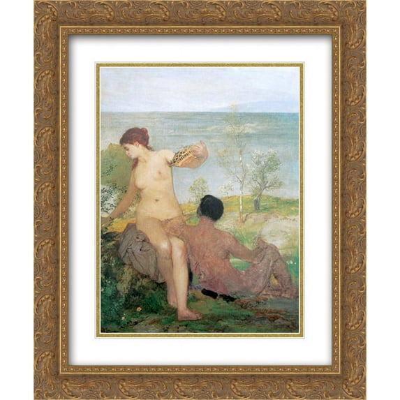 Arnold Bocklin 2x Matted 20x24 Gold Ornate Framed Art Print 'Girl and boy picking flowers'