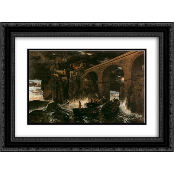 Arnold Bocklin 2x Matted 24x18 Black Ornate Framed Art Print 'Attack by Pirates'