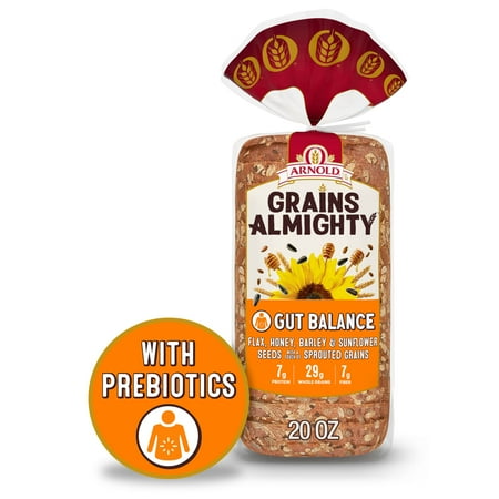 Arnold Grains Almighty Gut Balance Bread, 20 oz, Whole Grains Thin Sliced Seeded Bread, Bag