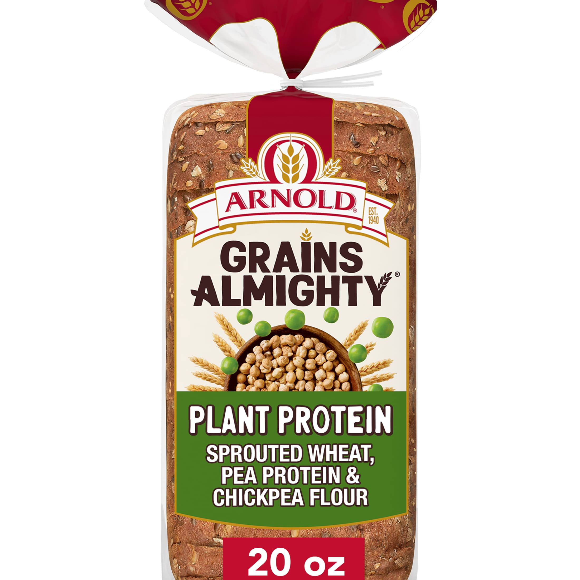 Arnold Grains Almighty Plant Protein Bread, 20 oz, Whole Grains Thin Sliced Protein Bread, Bag