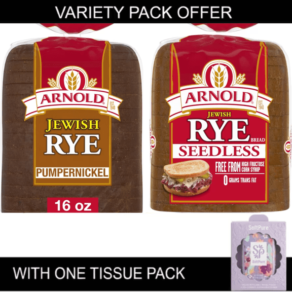 Arnold Jewish Rye Bread Variety Pack, Pumpernickel & Seedless Rye Bread, 16 oz Loaves, 2 Pack (Includes One Tissue Pack)